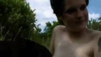 Petite-chested vixen being pounded by a hound in the fresh air
