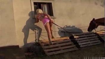 Blonde in pink outfit screws a hot damn horse