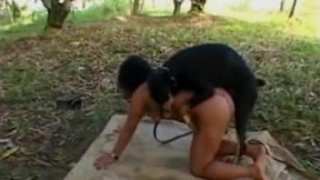 Hot dark-haired vixen ravaged by massive ebony canine outdoors