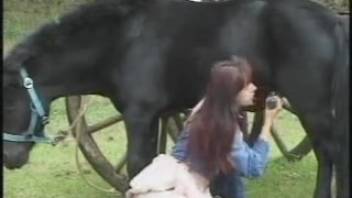 Ginger babe eagerly devours her horse's stiff erection with enthusiasm and affection